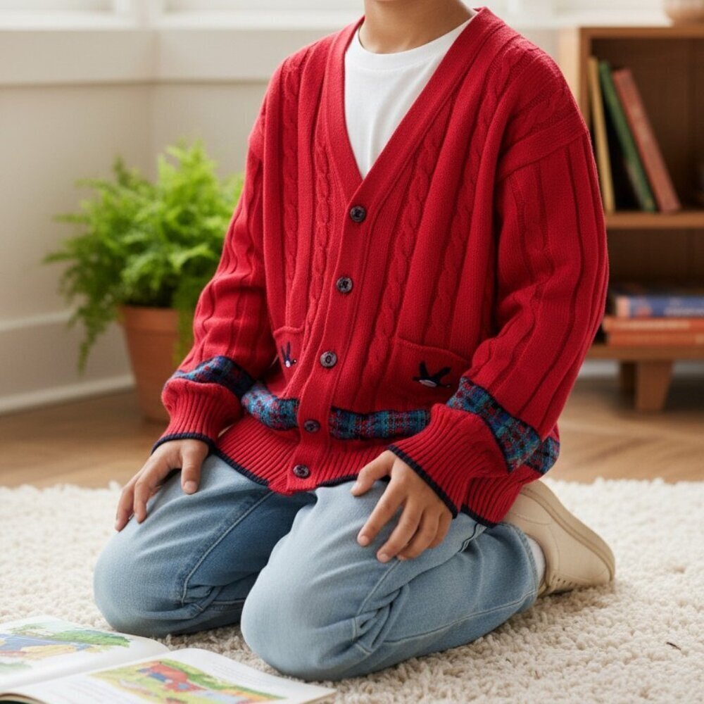 KITESTRINGS Vintage Red Duck Geese Cable Knit V Neck Cardigan Sweater Boys 8 10